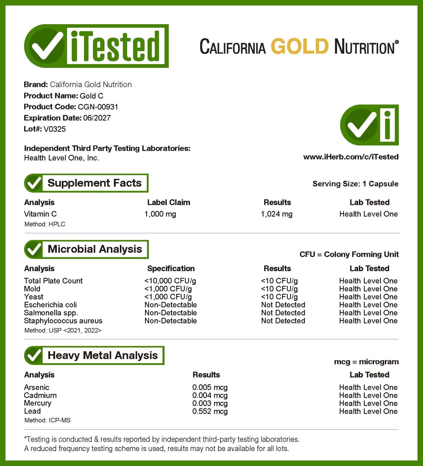 California Gold Nutrition, Gold C™, USP Grade Vitamin C, 1,000 mg, 60 Veggie Capsules