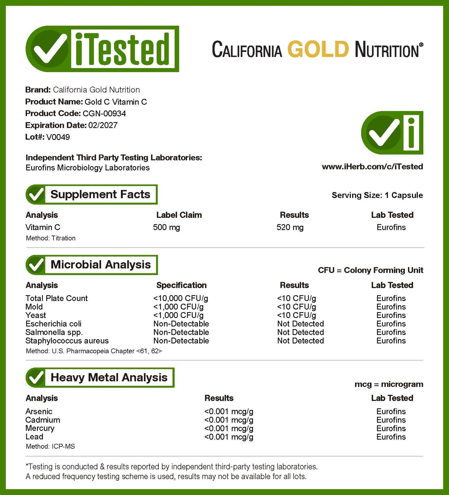 California Gold Nutrition, Gold C™, USP Grade Vitamin C, 1,000 mg, 60 Veggie Capsules