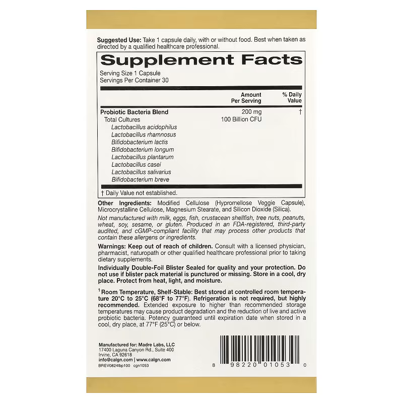 California Gold Nutrition, LactoBif® 100 Probiotics, 100 Billion CFU, 30 Veggie Capsules