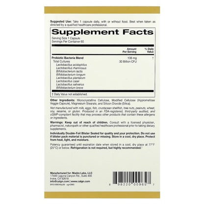 California Gold Nutrition, LactoBif® 30 Probiotics, 30 Billion CFU, 60 Veggie Capsules
