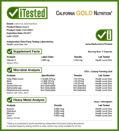 California Gold Nutrition, Gold C™, USP Grade Vitamin C, 1,000 mg, 60 Veggie Capsules