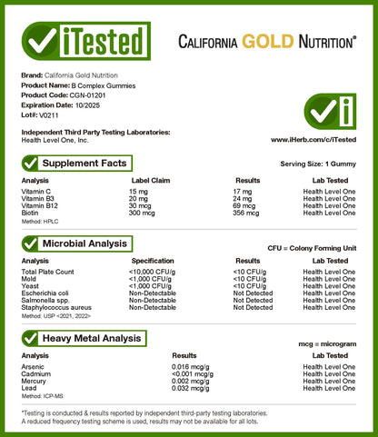California Gold Nutrition, B Complex Gummies with Vitamins B6 and B12, Folate, and Biotin, Strawberry, 45 Vegetarian Gummies